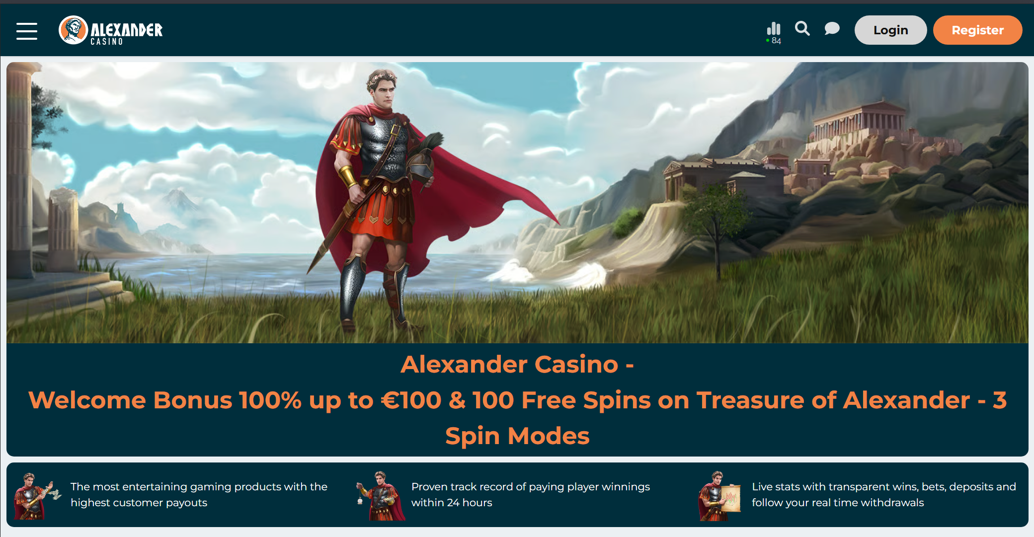 Alexander Casino site officiel 2026 : page d'accueil avec bonus 100% et logo Alexandre