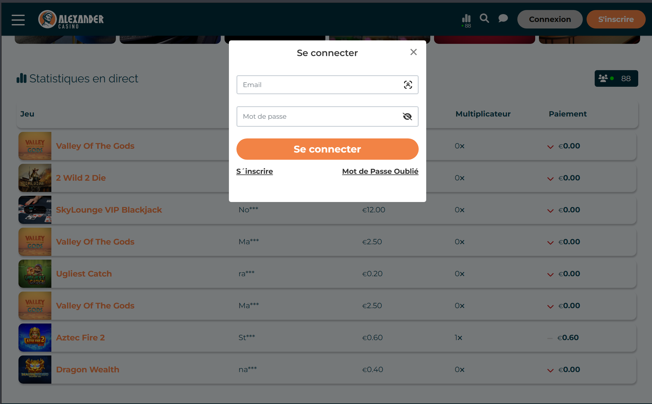Alexander Casino se connecter : interface du formulaire de connexion en français