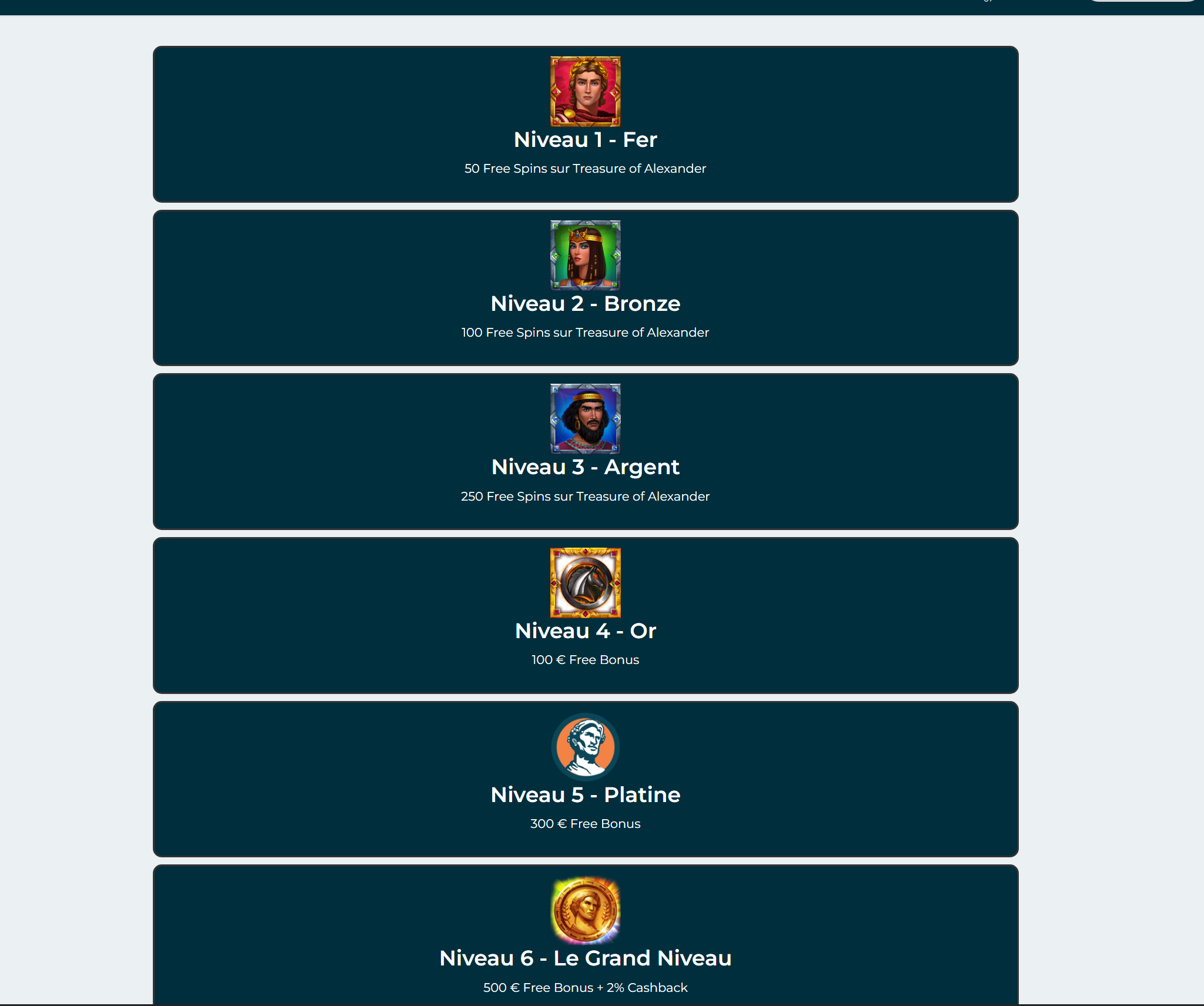 Programme VIP Alexander Casino : 6 niveaux Fer Bronze Argent Or Platine et Grand Niveau